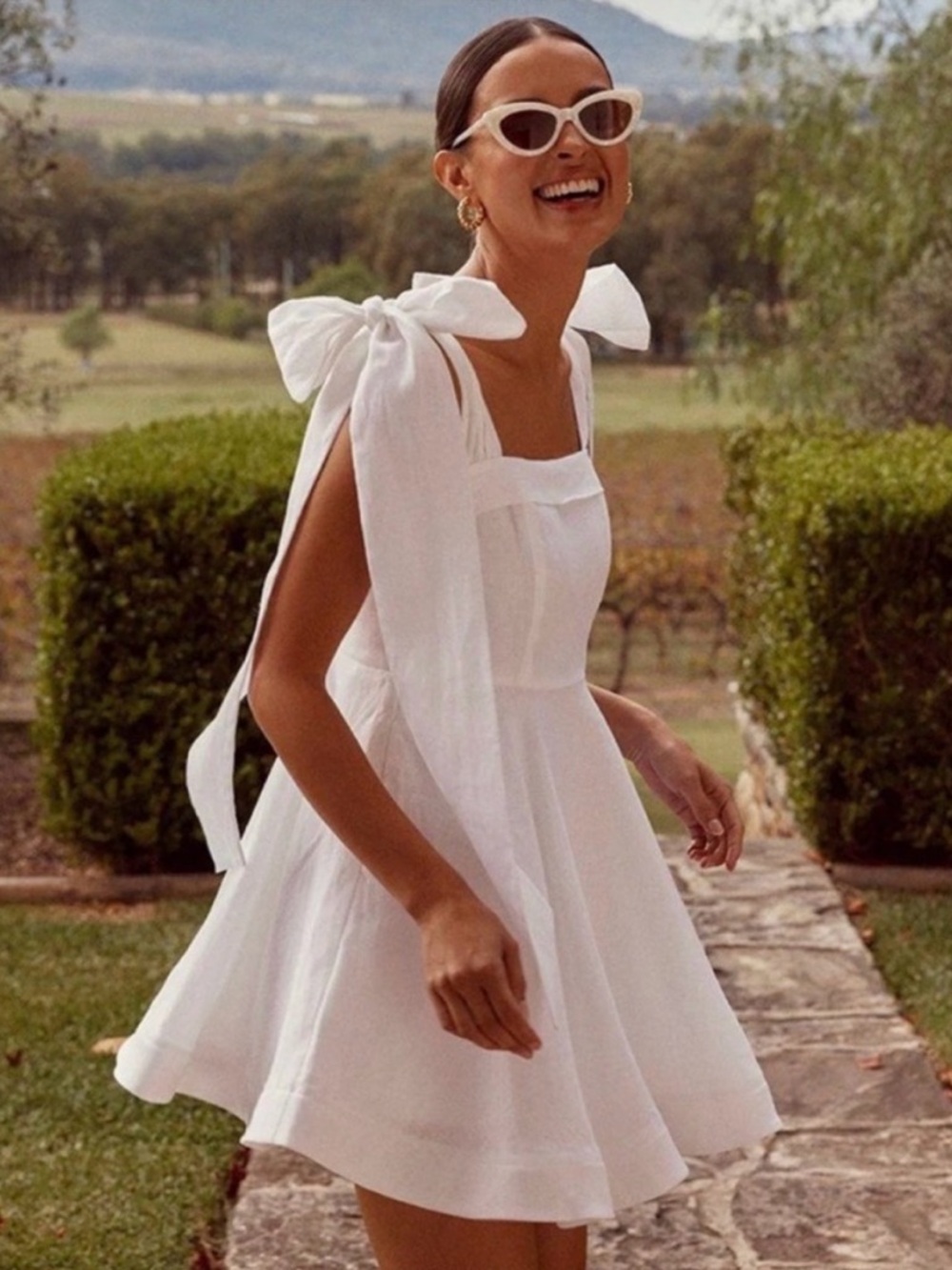 DISSH Aisle Linen Bow Mini Dress White Fit Flare Square Neck Size 8